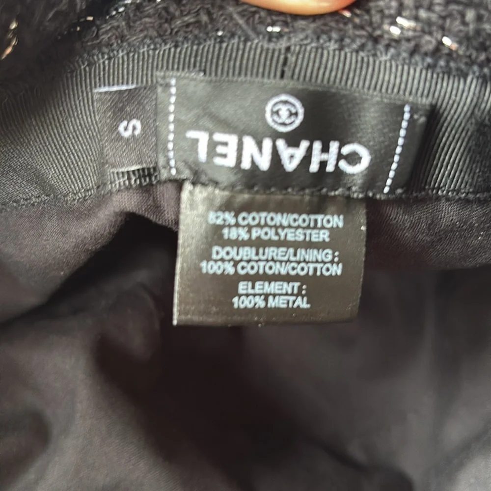 EUC CHANEL women’s bucket hat in black with silver metallic flecks size s